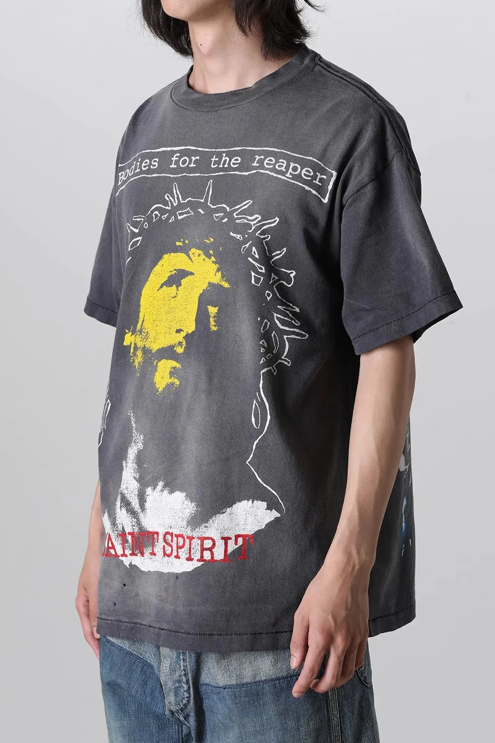 SAINT MICHAEL SS TEE/B FOR REAPER Jesus Hell's Angels Washed and Distressed Short Sleeves Washed Black S-XL Garment Dyed Printed Washed and Distressed